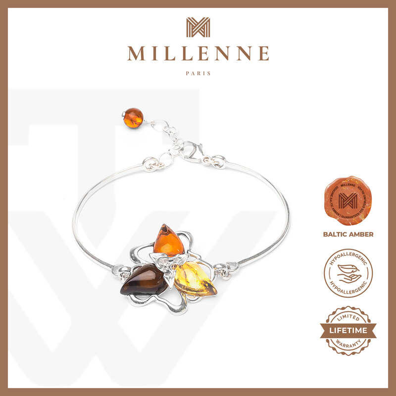 MILLENNE Multifaceted Baltic Amber Triangle Composition Silver Bracelet with 925 Sterling Silver