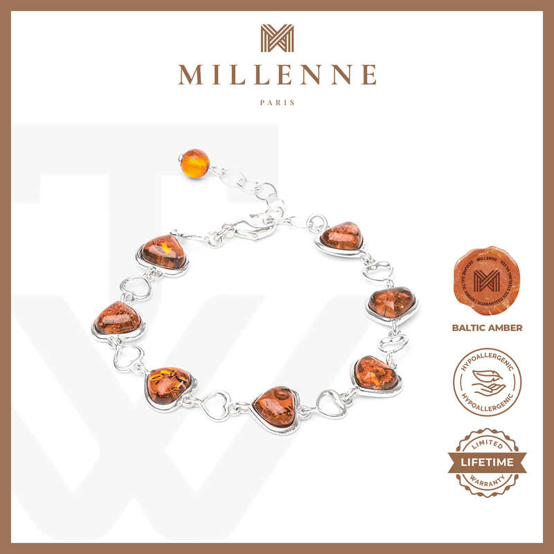 MILLENNE Multifaceted Baltic Amber Heart Silver Bracelet with 925 Sterling Silver