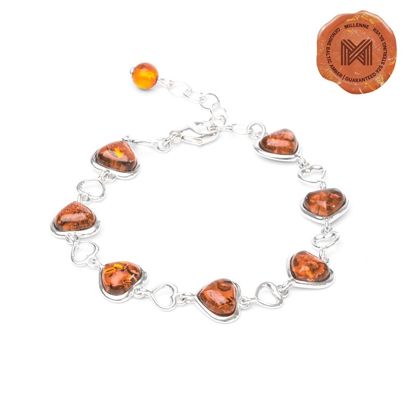 MILLENNE Multifaceted Baltic Amber Heart Silver Bracelet with 925 Sterling Silver