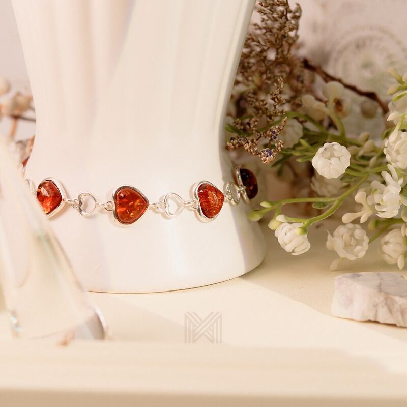 MILLENNE Multifaceted Baltic Amber Heart Silver Bracelet with 925 Sterling Silver