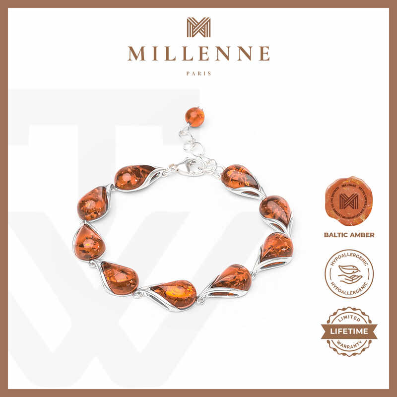 MILLENNE Multifaceted Baltic Amber Droplet Silver Bracelet with 925 Sterling Silver