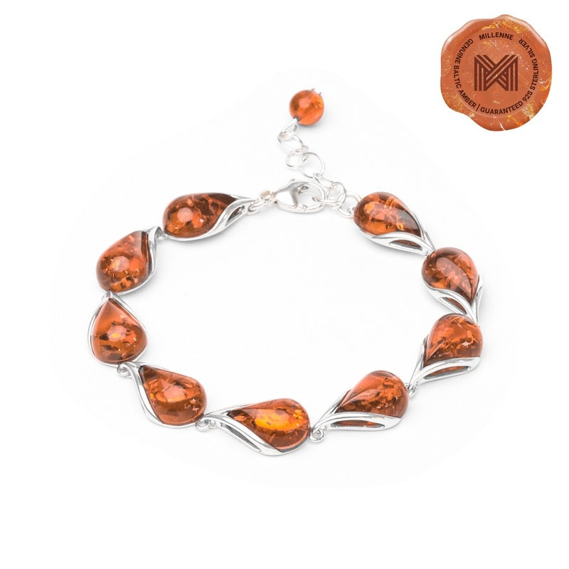 MILLENNE Multifaceted Baltic Amber Droplet Silver Bracelet with 925 Sterling Silver