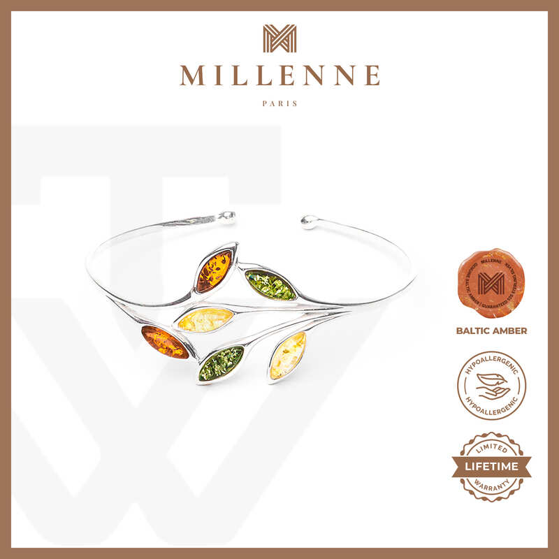 MILLENNE Multifaceted Baltic Amber Branching Leaves Silver Adjustable Bracelet with 925 Sterling Silver