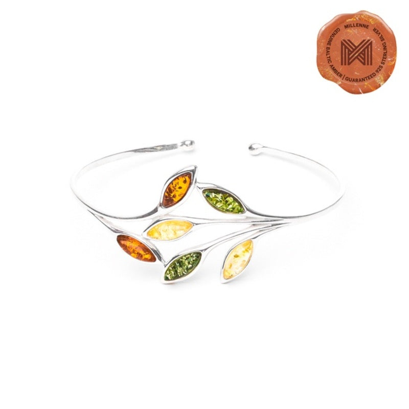 MILLENNE Multifaceted Baltic Amber Branching Leaves Silver Adjustable Bracelet with 925 Sterling Silver