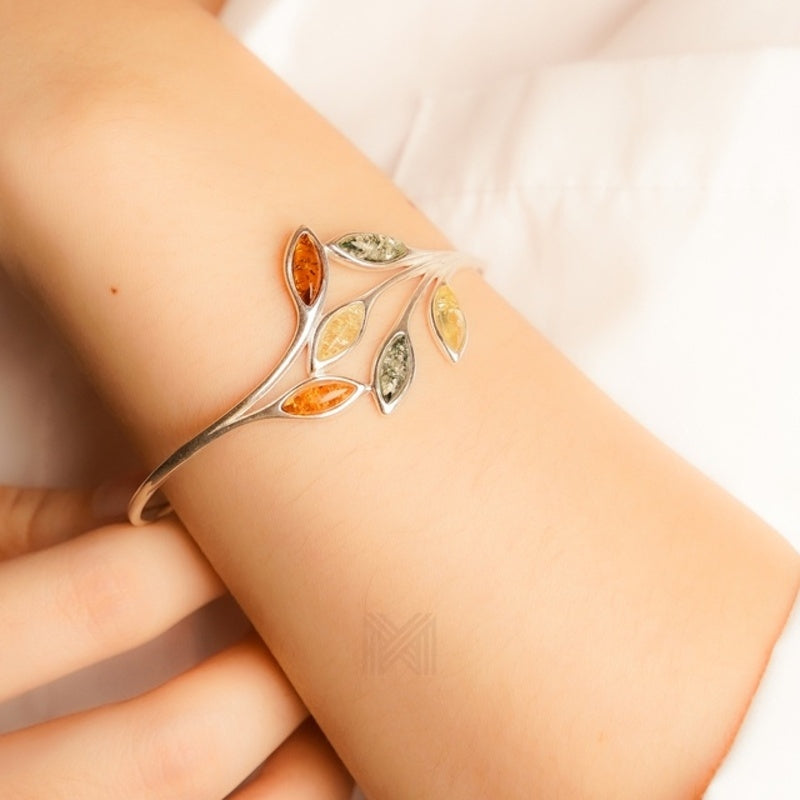 MILLENNE Multifaceted Baltic Amber Branching Leaves Silver Adjustable Bracelet with 925 Sterling Silver