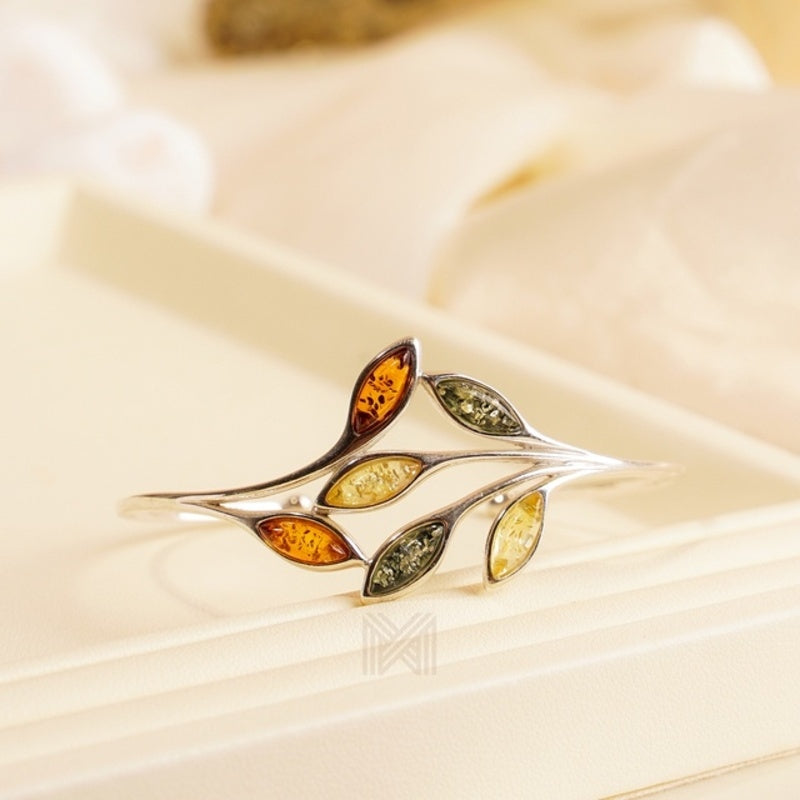 MILLENNE Multifaceted Baltic Amber Branching Leaves Silver Adjustable Bracelet with 925 Sterling Silver