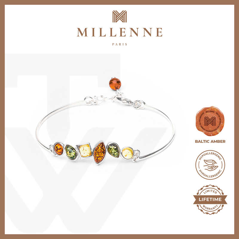 MILLENNE Multifaceted Baltic Amber Rhytymic Silver Bracelet with 925 Sterling Silver