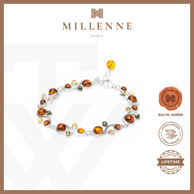 MILLENNE Multifaceted Baltic Amber Curvaceous Silver Bracelet with 925 Sterling Silver