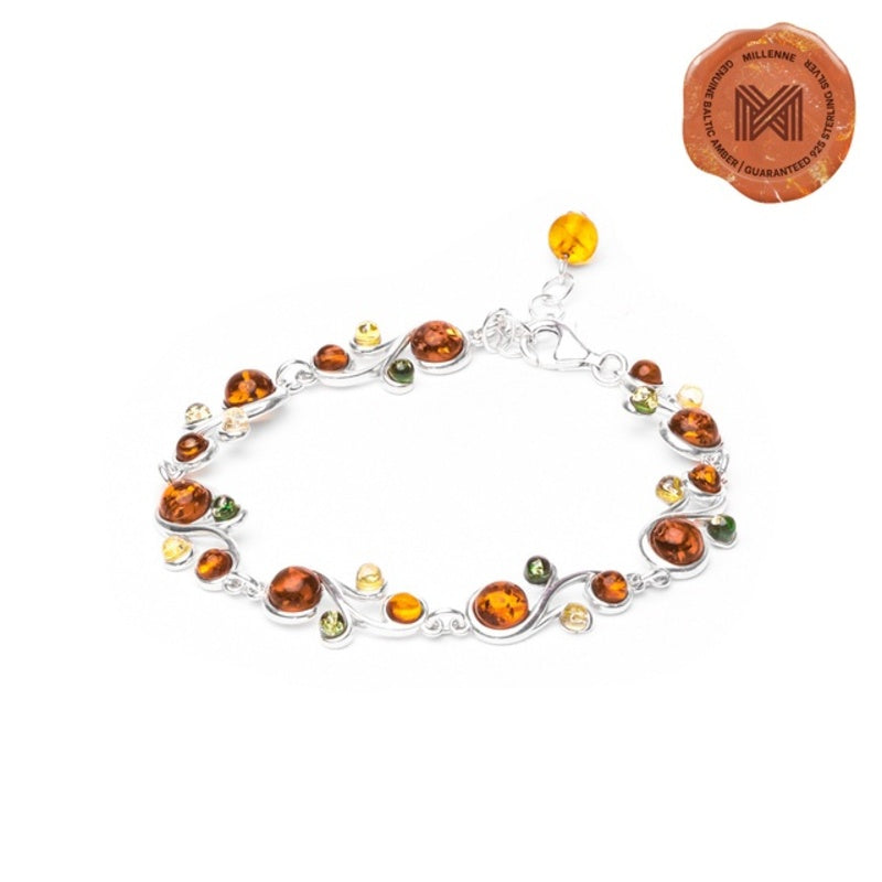 MILLENNE Multifaceted Baltic Amber Curvaceous Silver Bracelet with 925 Sterling Silver