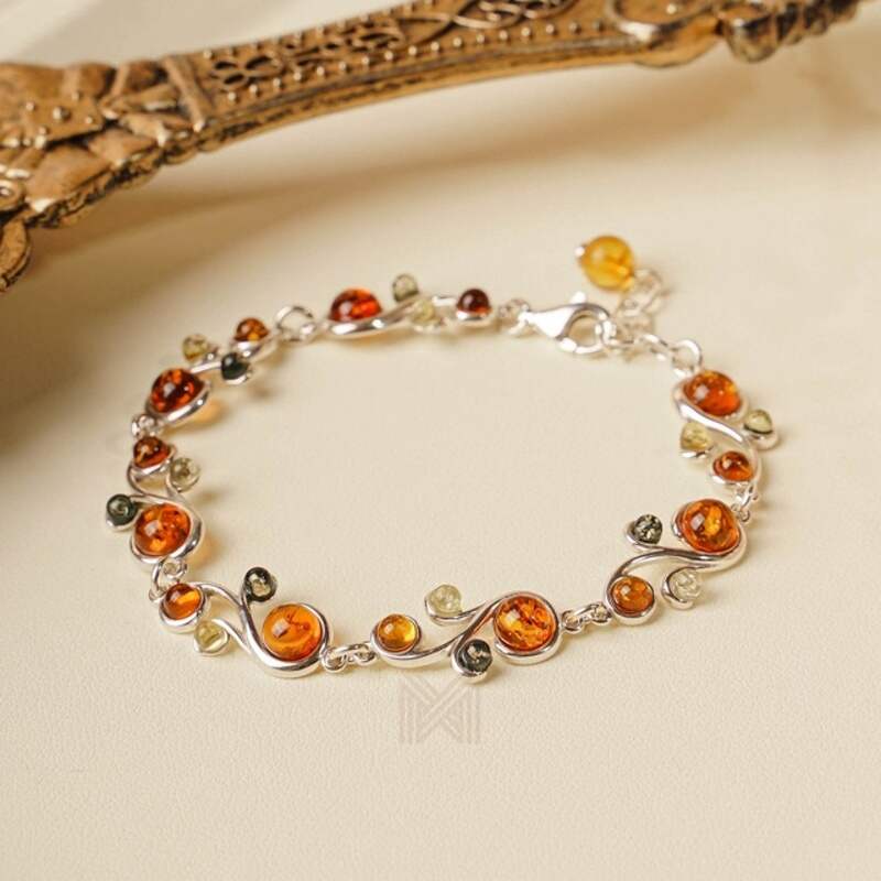 MILLENNE Multifaceted Baltic Amber Curvaceous Silver Bracelet with 925 Sterling Silver