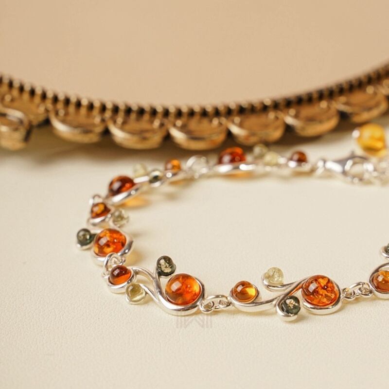 MILLENNE Multifaceted Baltic Amber Curvaceous Silver Bracelet with 925 Sterling Silver