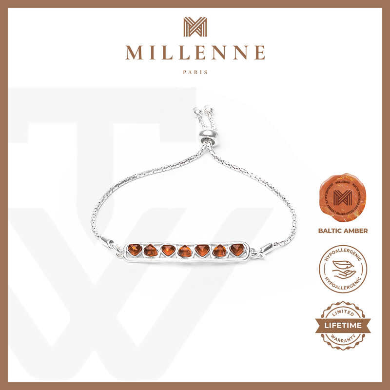 MILLENNE Multifaceted Baltic Amber Bar Drawstring Silver Bracelet with 925 Sterling Silver