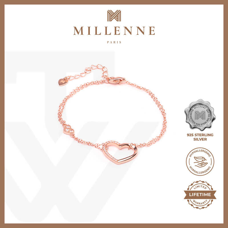 MILLENNE Millennia 2000 Embellished Heart with Rose Gold Plating and AAA Cubic Zircon Cubic Zirconia Rose Gold Bracelet with 925 Sterling Silver