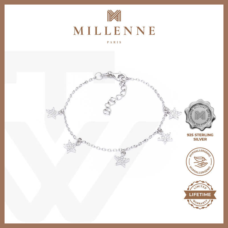 MILLENNE Match The Stars Stars Charm Studded Cubic Zirconia Silver Bracelet with 925 Sterling Silver