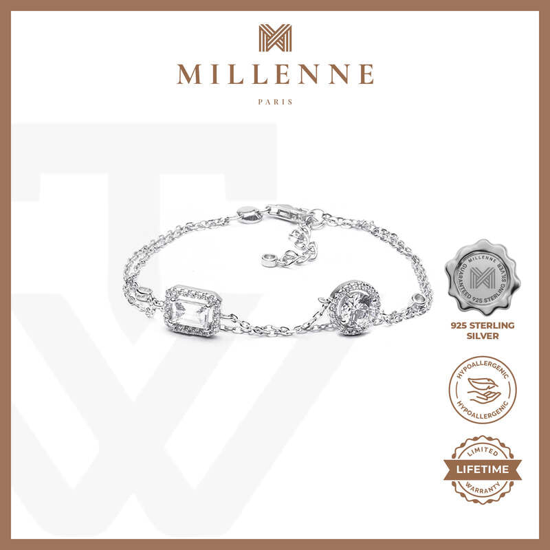 MILLENNE Made For The Night Round and Emerald Shape Cubic Zirconia Silver Bracelet with 925 Sterling Silver