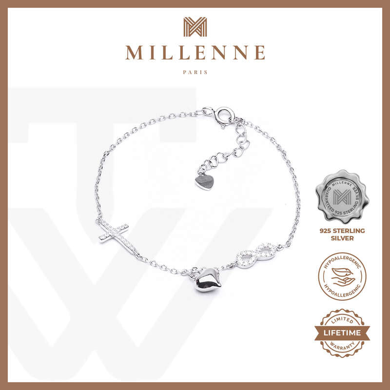 MILLENNE Millennia 2000 Cross and Heart Infinity Cubic Zirconia Silver Adjustable Bracelet with 925 Sterling Silver