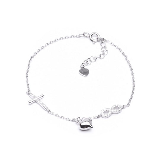 MILLENNE Millennia 2000 Cross and Heart Infinity Cubic Zirconia Silver Adjustable Bracelet with 925 Sterling Silver