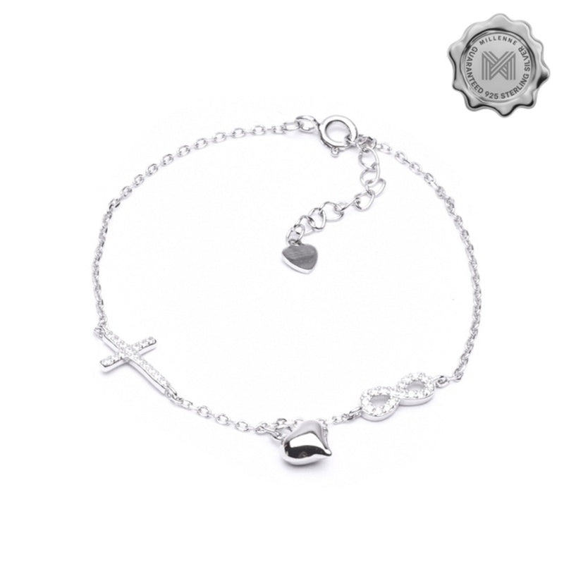 MILLENNE Millennia 2000 Cross and Heart Infinity Cubic Zirconia Silver Adjustable Bracelet with 925 Sterling Silver