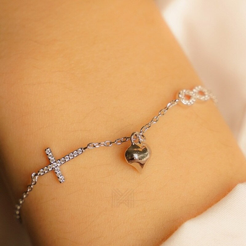 MILLENNE Millennia 2000 Cross and Heart Infinity Cubic Zirconia Silver Adjustable Bracelet with 925 Sterling Silver