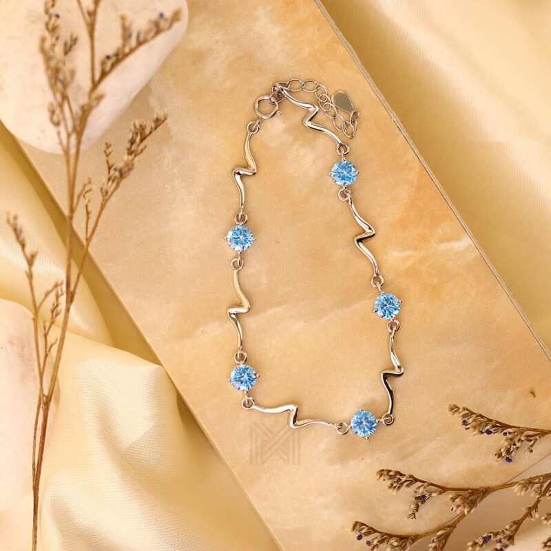 MILLENNE Multifaceted Blue Topaz ZigZag White Gold Bracelet with 925 Sterling Silver