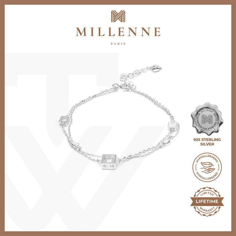 MILLENNE Made For The Night Embellished Geometric Charms Cubic Zirconia Rhodium Bracelet with 925 Sterling Silver