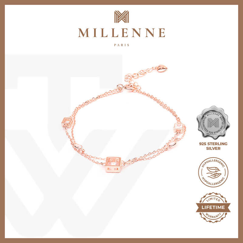 MILLENNE Made For The Night Embellished Geometric Charms Cubic Zirconia Rose Gold Bracelet with 925 Sterling Silver