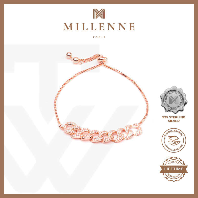 MILLENNE Millennia 2000 Chain Link Studded Drawstring Cubic Zirconia Rose Gold Bracelet with 925 Sterling Silver