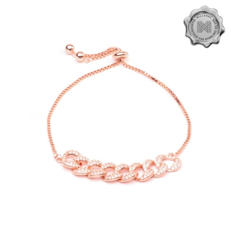 MILLENNE Millennia 2000 Chain Link Studded Drawstring Cubic Zirconia Rose Gold Bracelet with 925 Sterling Silver