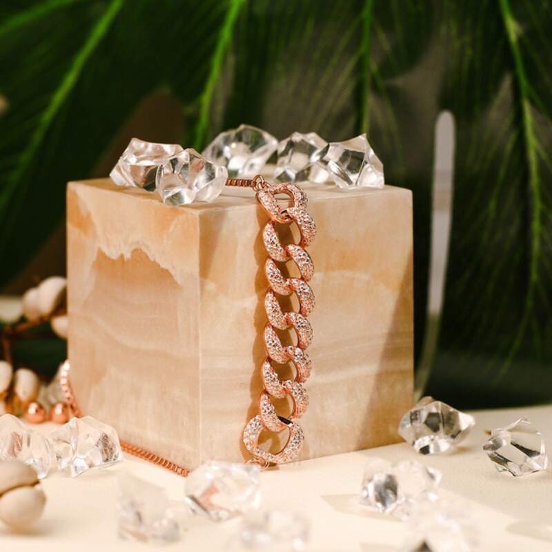 MILLENNE Millennia 2000 Chain Link Studded Drawstring Cubic Zirconia Rose Gold Bracelet with 925 Sterling Silver