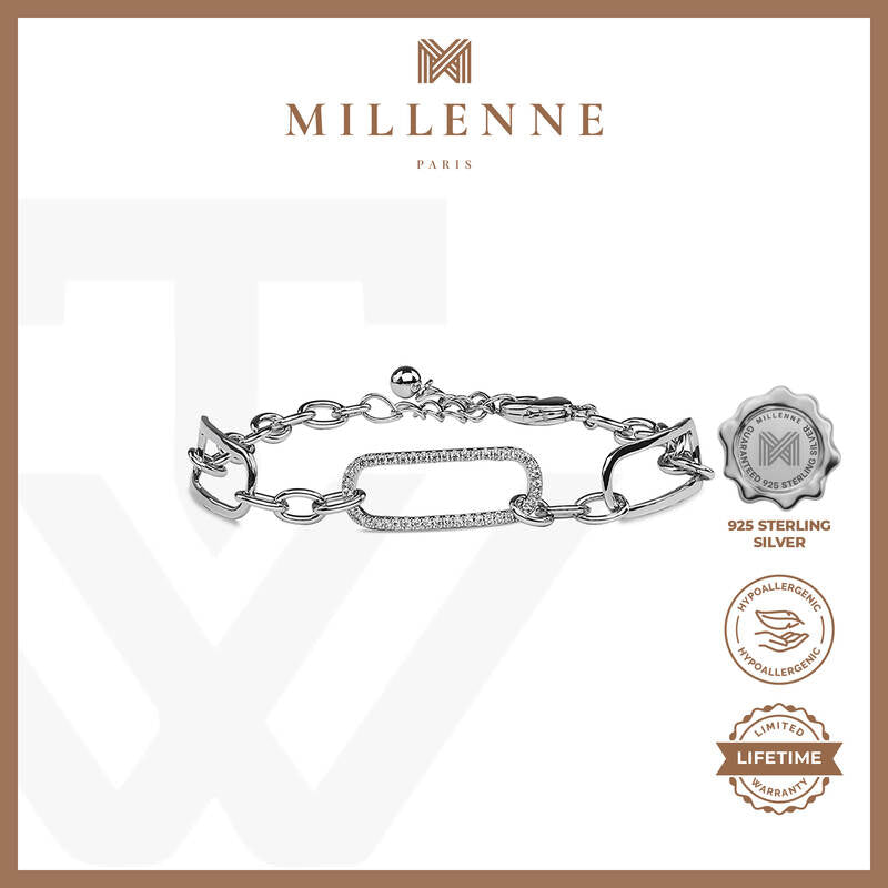 MILLENNE Made For The Night Rectangle Chain Loop Cubic Zirconia Rhodium Bracelet with 925 Sterling Silver