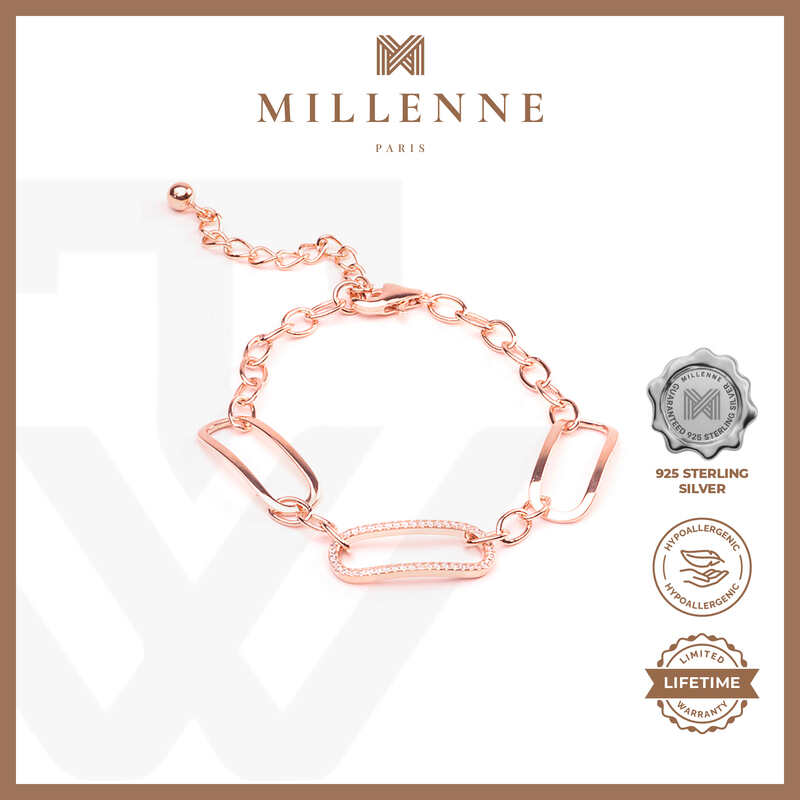 MILLENNE Made For The Night Rectangle Chain Loop Cubic Zirconia Rose Gold Bracelet with 925 Sterling Silver