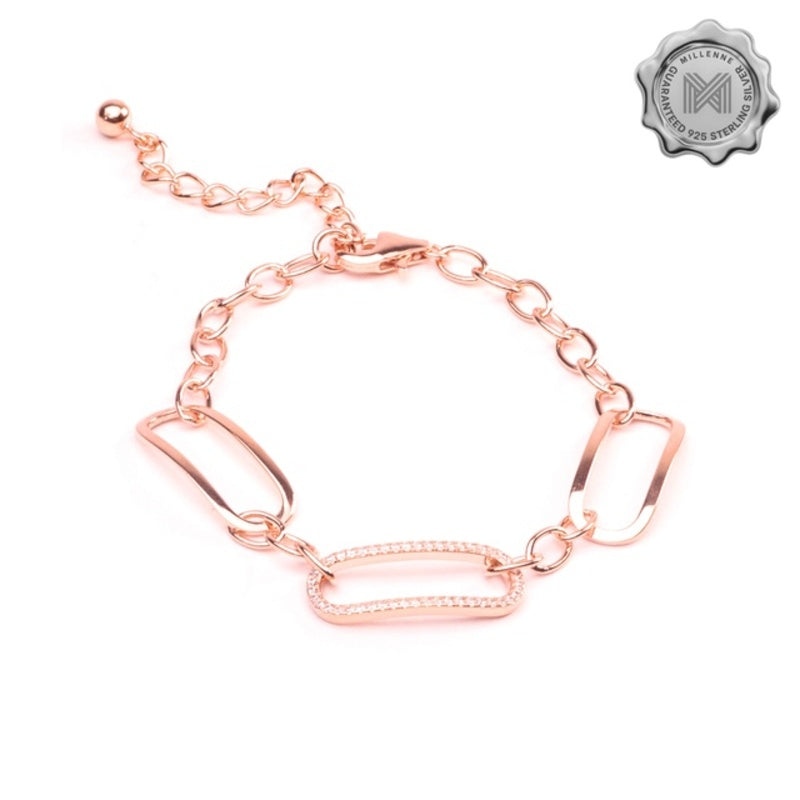 MILLENNE Made For The Night Rectangle Chain Loop Cubic Zirconia Rose Gold Bracelet with 925 Sterling Silver