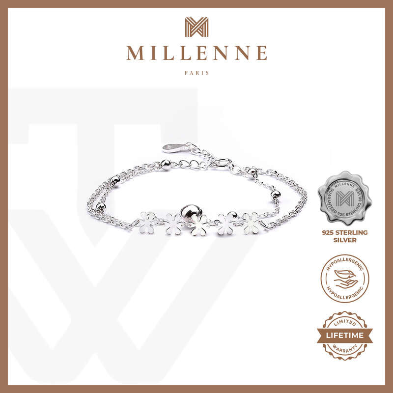 MILLENNE Millennia 2000 Daisy and Beads Double String White Gold Bracelet with 925 Sterling Silver