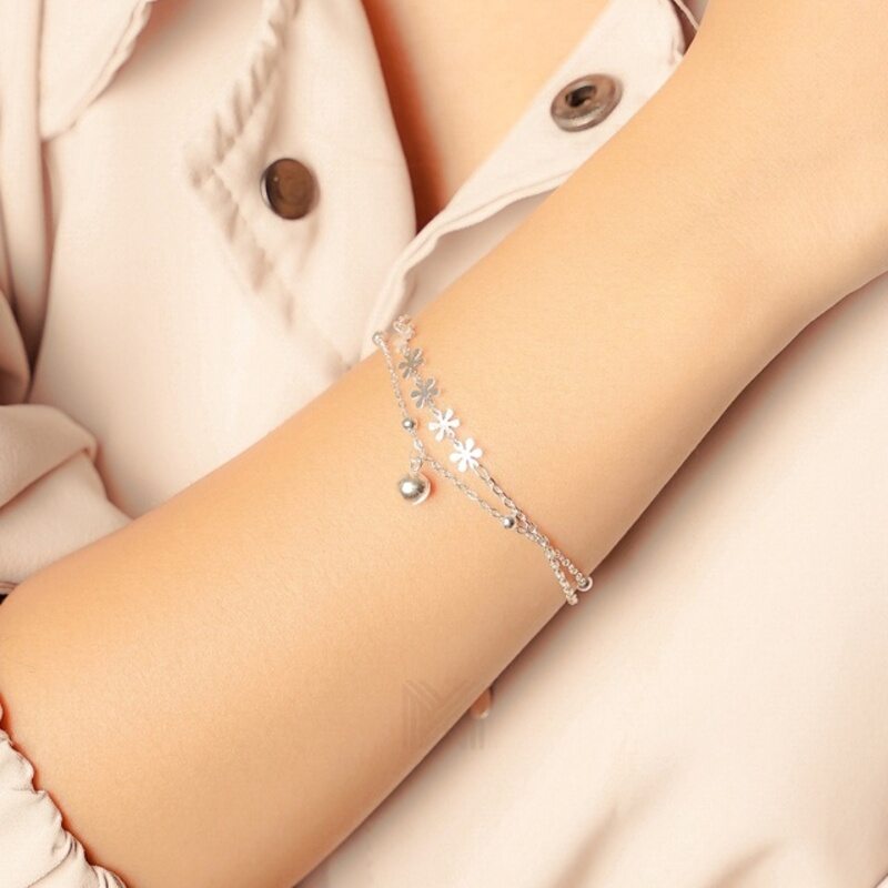 MILLENNE Millennia 2000 Daisy and Beads Double String White Gold Bracelet with 925 Sterling Silver