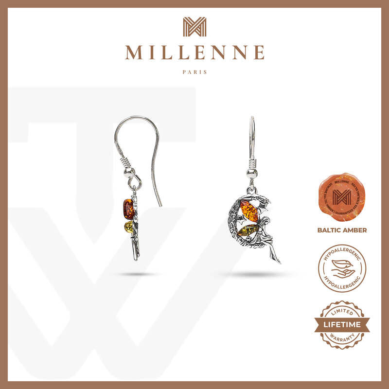 MILLENNE Multifaceted Baltic Amber Fairy Silver Hook Earrings with 925 Sterling Silver