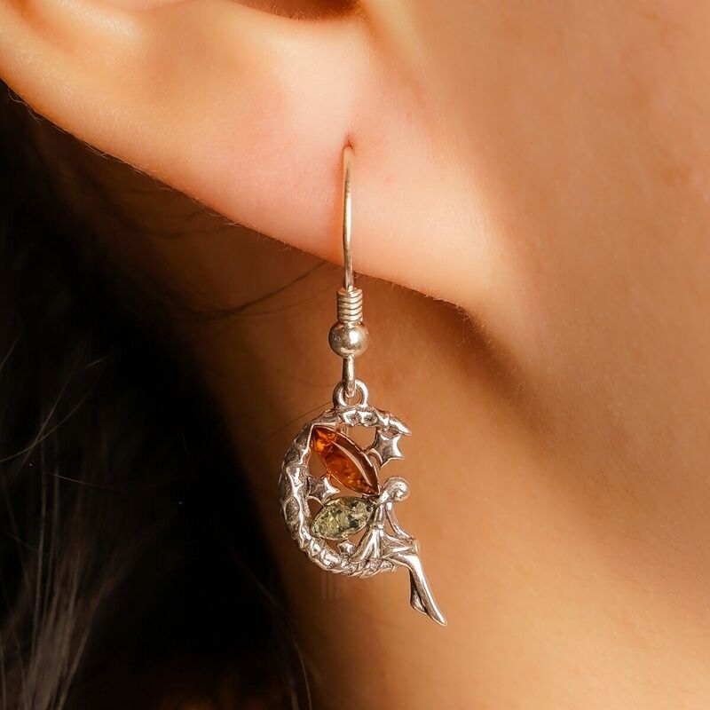 MILLENNE Multifaceted Baltic Amber Fairy Silver Hook Earrings with 925 Sterling Silver