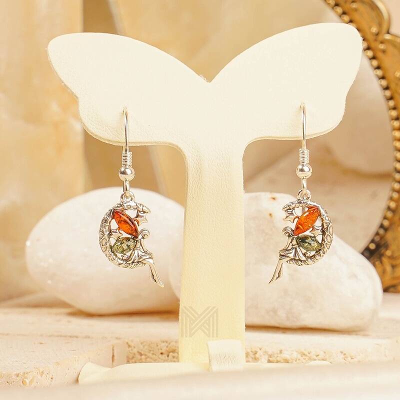 MILLENNE Multifaceted Baltic Amber Fairy Silver Hook Earrings with 925 Sterling Silver