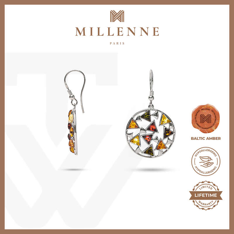 MILLENNE Multifaceted Baltic Amber Mulitple Studded Circular Silver Hook Earrings with 925 Sterling Silver