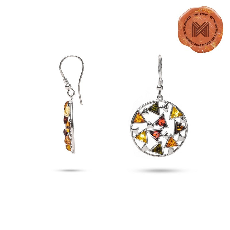 MILLENNE Multifaceted Baltic Amber Mulitple Studded Circular Silver Hook Earrings with 925 Sterling Silver