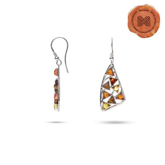 MILLENNE Multifaceted Baltic Amber Mulitple Studded Triangular Silver Hook Earrings with 925 Sterling Silver