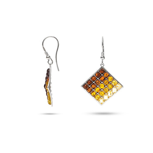 MILLENNE Multifaceted Baltic Amber Square Ombré Silver Hook Earrings with 925 Sterling Silver