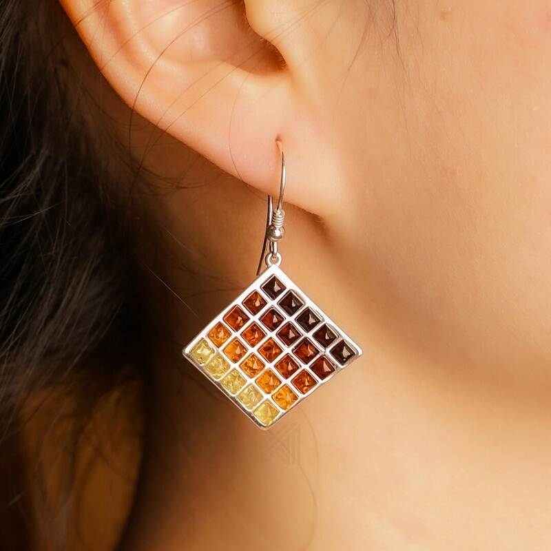 MILLENNE Multifaceted Baltic Amber Square Ombré Silver Hook Earrings with 925 Sterling Silver