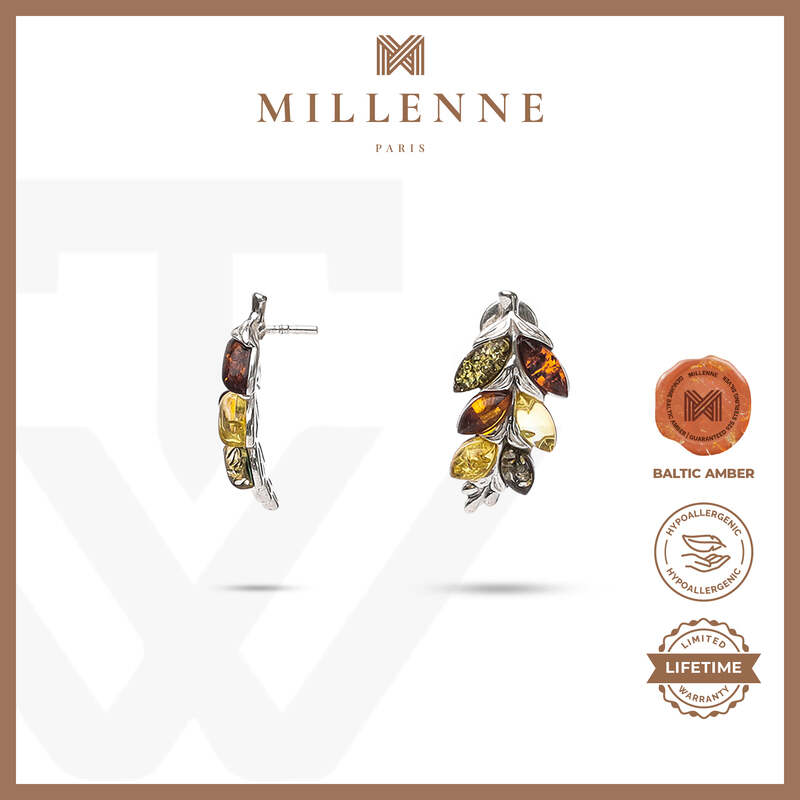 MILLENNE Multifaceted Baltic Amber Graduated Leaf Silver Drop Earrings with 925 Sterling Silver