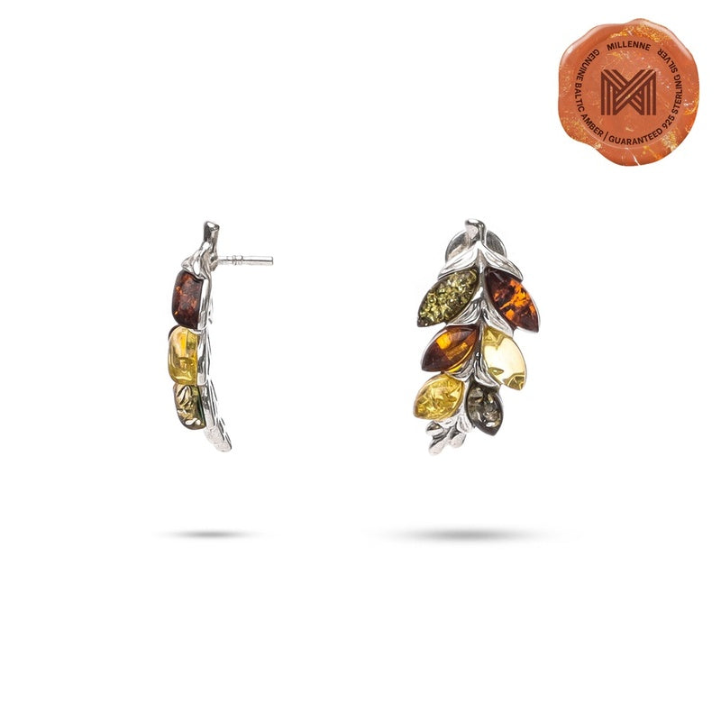 MILLENNE Multifaceted Baltic Amber Graduated Leaf Silver Drop Earrings with 925 Sterling Silver