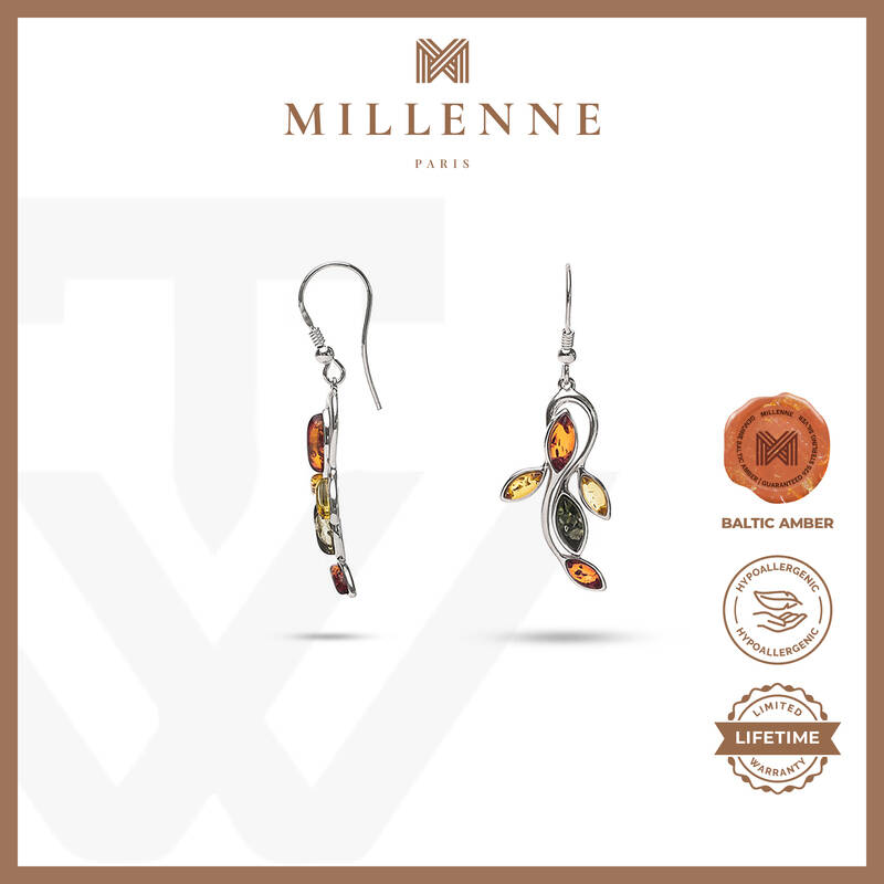 MILLENNE Multifaceted Baltic Amber Sea Creature Silver Hook Earrings with 925 Sterling Silver