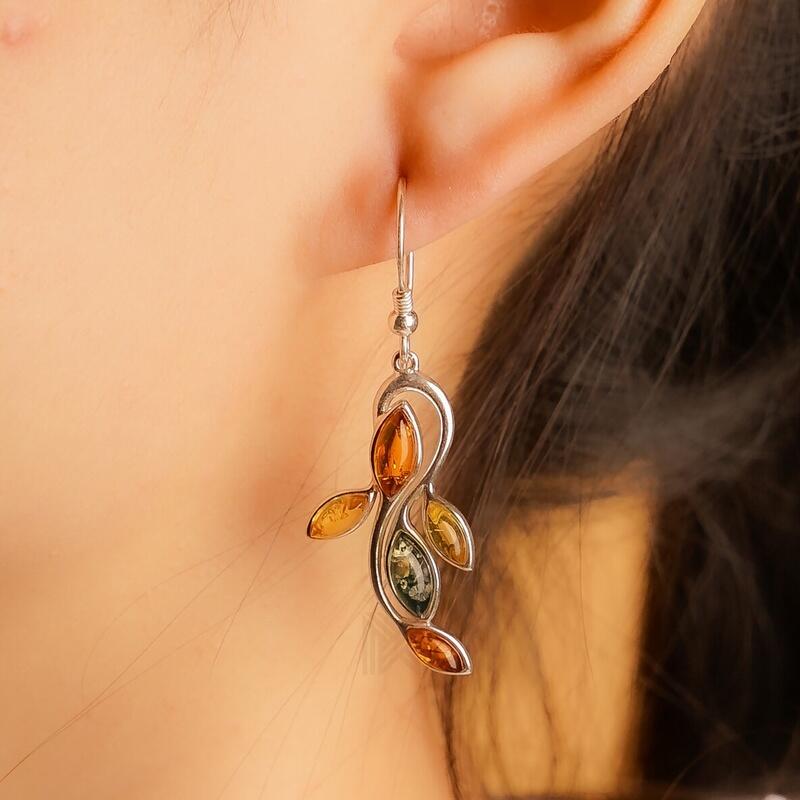 MILLENNE Multifaceted Baltic Amber Sea Creature Silver Hook Earrings with 925 Sterling Silver