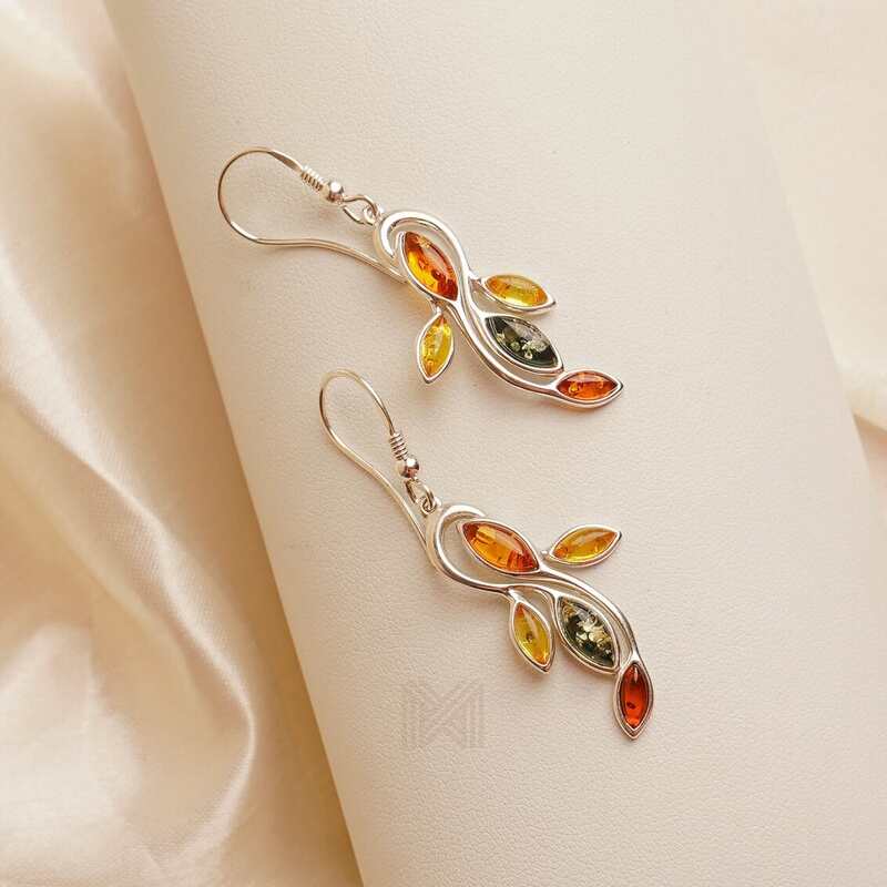 MILLENNE Multifaceted Baltic Amber Sea Creature Silver Hook Earrings with 925 Sterling Silver