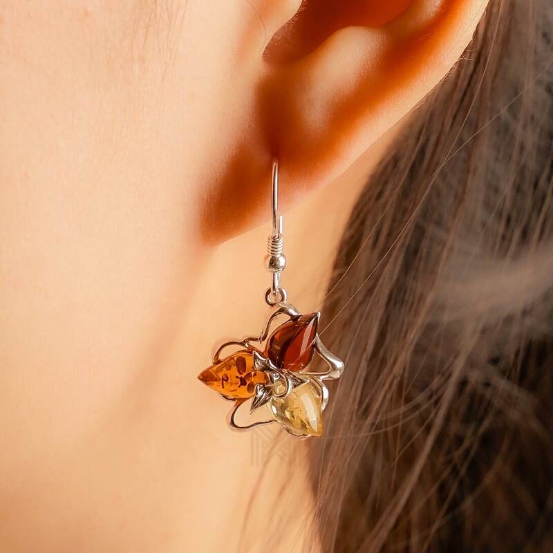 MILLENNE Multifaceted Baltic Amber Triangle Composition Silver Hook Earrings with 925 Sterling Silver