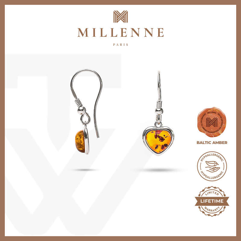 MILLENNE Multifaceted Baltic Amber Heart Silver Hook Earrings with 925 Sterling Silver