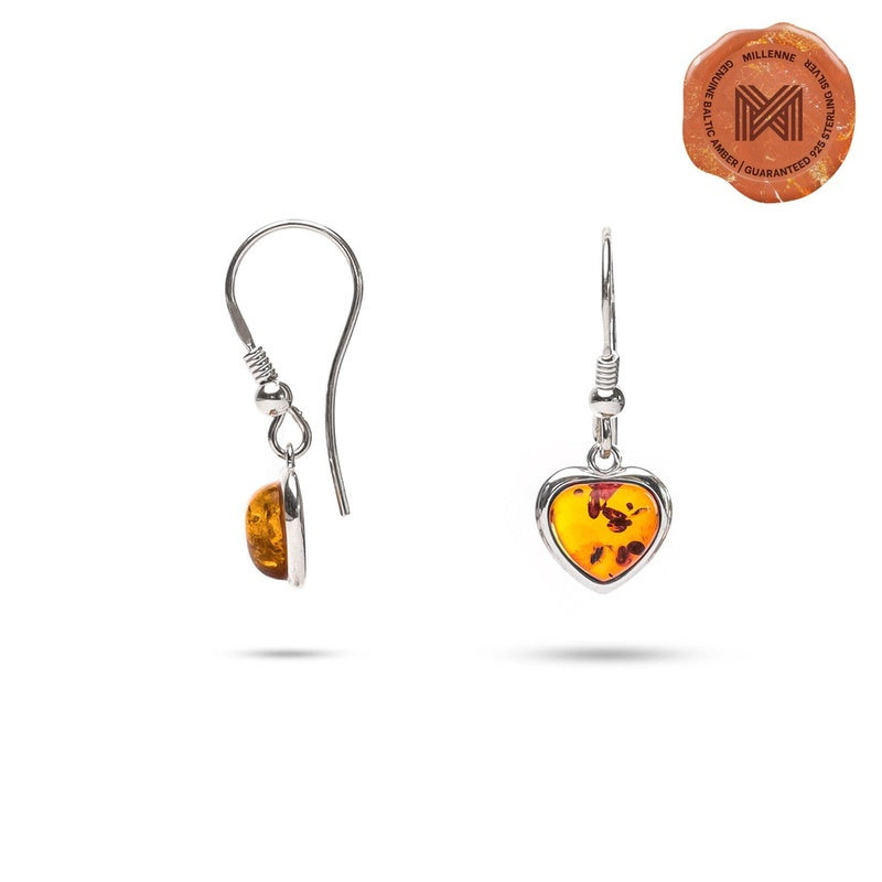 MILLENNE Multifaceted Baltic Amber Heart Silver Hook Earrings with 925 Sterling Silver